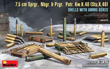 7.5 cm Sprgr., Nbgr. & Pzgr. Patr. Kw.K.40 (Stu.K.40) Shells with Ammo Boxes · MA 35375 ·  Mini Art · 1:35