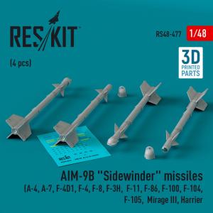 AIM-9B Sidewinder missiles (4 pcs) (A-4, A-7, F-4D1, F-4, F-8, F-3H, F-11, F-86,F-100, F-104, F-105, Mirage III, Harrier) (3D Printed) &middot; RSK RS480477 &middot;  ResKit Models &middot; 1:48
