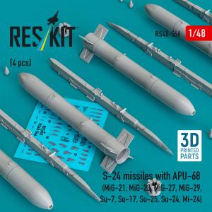 S-24 missiles with APU-68 (4 pcs) (MiG-21, MiG-23, MiG-27, MiG-29, Su-7, Su-17, Su-25, Su-24, Mi-24) (3D Printed) · RSK RS480566 · ResKit Models · 1:48 S-24 missiles with APU-68 (4 pcs) (MiG-21, MiG-23, MiG-27, MiG-29, Su-7, Su-17, Su-25, Su-24, Mi-24) (3D Printed) · RSK RS480566 · ResKit Models · 1:48