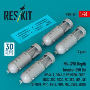 Mk-XVII Depth bombs (350 lb) (4 pcs) (PB4Y-1, PB4Y-2, PBY/PBN, PB2Y, SB2C, SOC, SO3C, SC, SBD, JRF, J4F, TBF/TBM, PV-1, PV-2, PBM, PBJ, OS2U, SB2U ) (3D Printed) · RSK RS480571 · ResKit Models · 1:48 Mk-XVII Depth bombs (350 lb) (4 pcs) (PB4Y-1, PB4Y-2, PBY/PBN, PB2Y, SB2C, SOC, SO3C, SC, SBD, JRF, J4F, TBF/TBM, PV-1, PV-2, PBM, PBJ, OS2U, SB2U ) (3D Printed) · RSK RS480571 · ResKit Models · 1:48