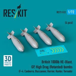 British 1000lb HE-Blast, GP, High Drag (Retarded) bombs (4 pcs) (F-4, Canberra, Buccaneer, Harrier, Hunter, Tornado) (3D printed) &middot; RSK RS720512 &middot;  ResKit Models &middot; 1:72