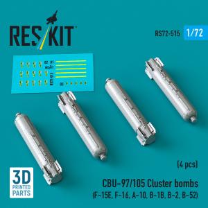 CBU-97/105 cluster bombs (4 pcs) (F-15E, F-16, A-10, B-1B, B-2, B-52) (3D Printed) · RSK RS720515 · ResKit Models · 1:72 CBU-97/105 cluster bombs (4 pcs) (F-15E, F-16, A-10, B-1B, B-2, B-52) (3D Printed) · RSK RS720515 · ResKit Models · 1:72