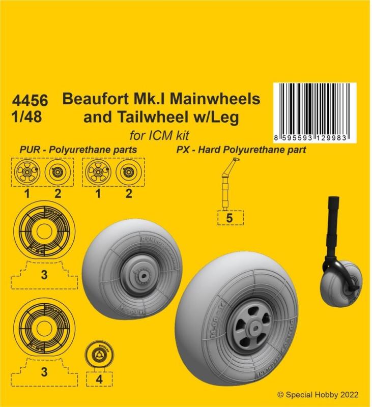 8595593129983 - CMK 129-4456 - 148 Beaufort MkI Mainwheels and Tailwheel w Leg