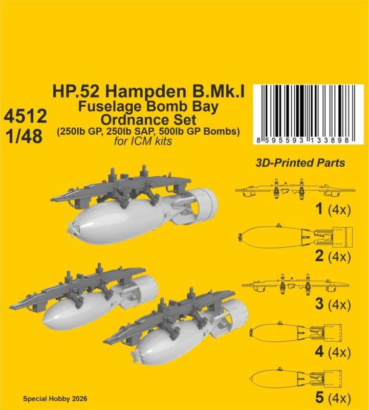 HP.52 Hampden B.Mk.I - Fuselage Bomb Bay Ordnance Set [ICM]