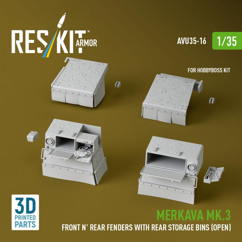 Merkava Mk.3 - Front and Rear fenders with Rear stowage bins (open) (3D Printed) [HobbyBoss]