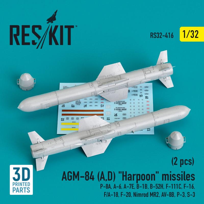 AGM-84 (A,D) Harpoon missiles (2 pcs) (P-8A, A-6, A-7E, B-1B, B-52H, F-111C, F-16, F/A-18, F-20, Nimrod MR2, AV-8B, P-3, S-3) (3D Printed)