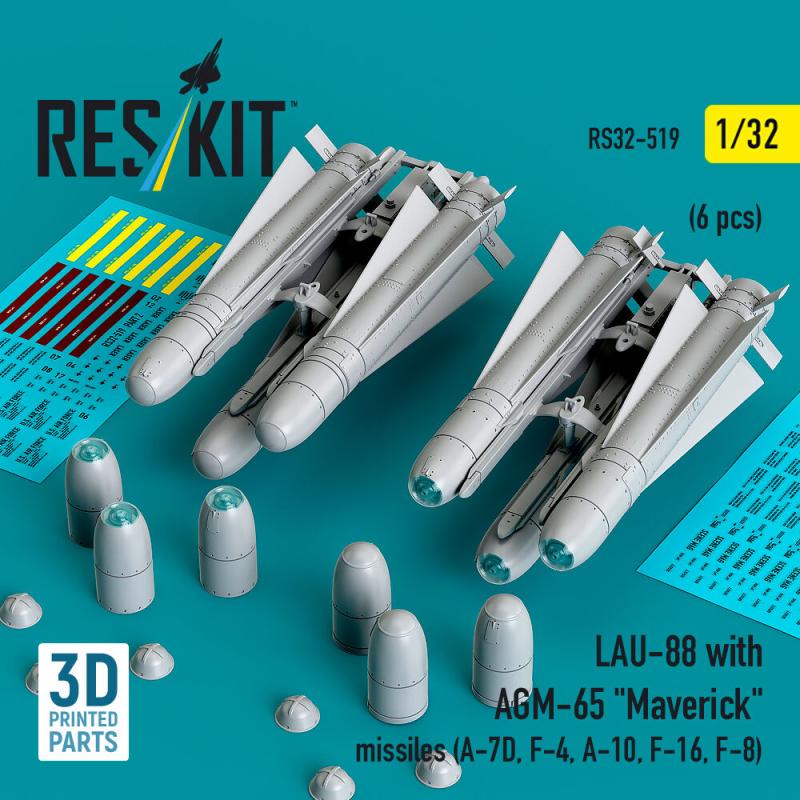 LAU-88 with (2 pcs) AGM-65 Maverick missiles (6 pcs) (A-7D, F-4, A-10, F-16) (3D Printed)