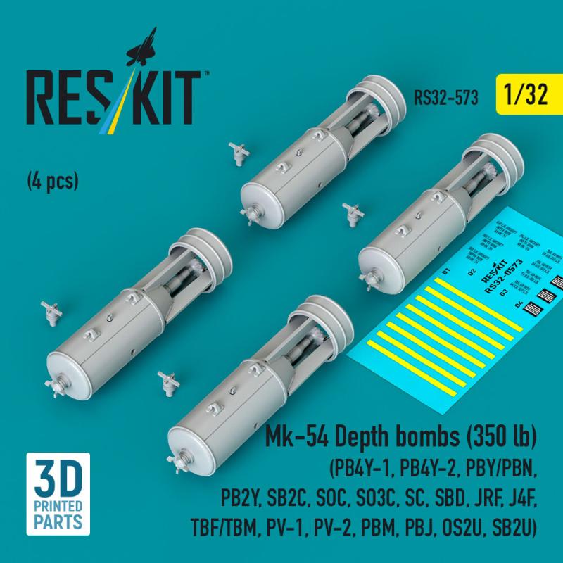 Mk-54 Depth bombs (350 lb) (4 pcs) (PB4Y-1, PB4Y-2, PBY/PBN, PB2Y, SB2C, SOC, SO3C, SC, SBD, JRF, J4F, TBF/TBM, PV-1, PV-2, PBM, PBJ, OS2U, SB2U) (3D Printed)