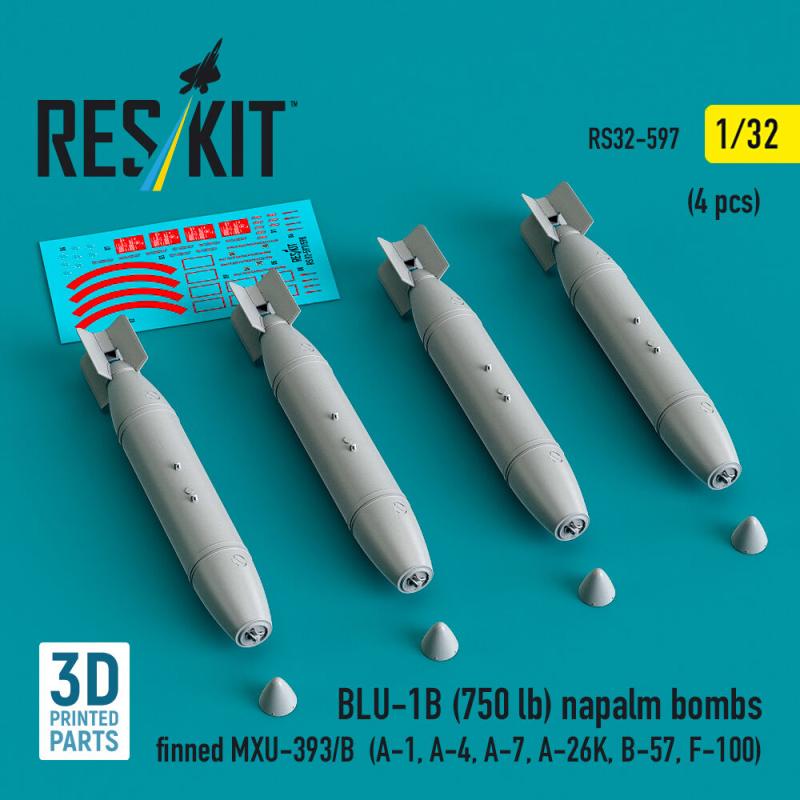 BLU-1B (750 lb) napalm bombs finned MXU-393/B (4 pcs) (A-1, A-4, A-7, A-26K, B-57, F-100) (3D Printed)