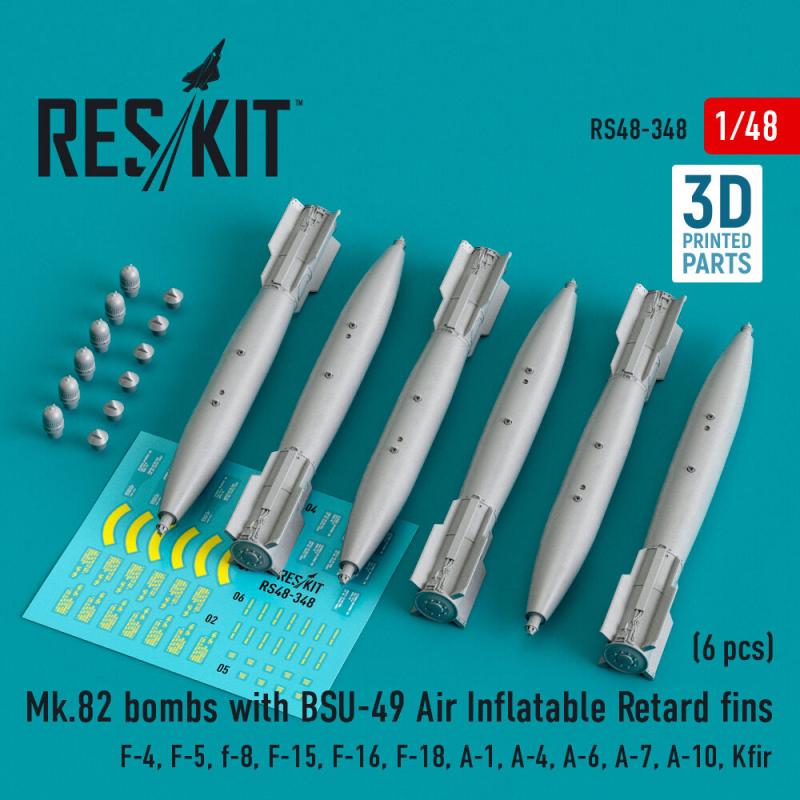 Mk.82 bombs with BSU-49 air inflatable retard fins (6 pcs) (F-4, F-5, F-8, F-15, F-16, F-18, A-1, A-4, A-6, A-7, A-10, Kfir) (3D Printed)