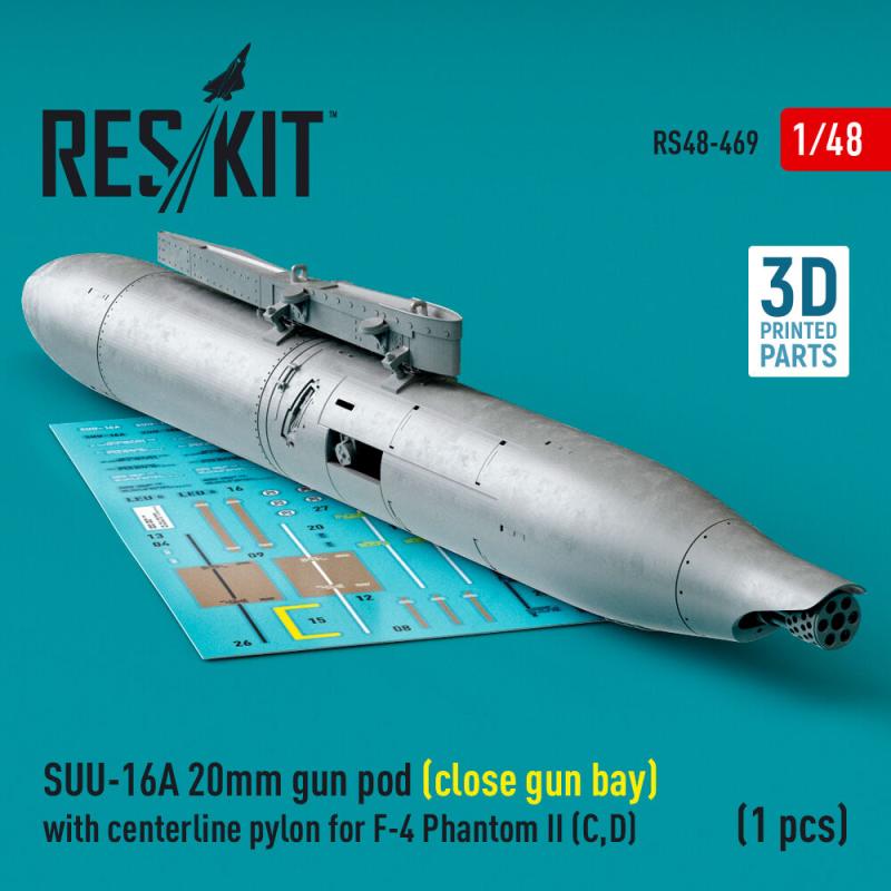 SUU-16A 20mm gun pod (close gun bay) with centerline pylon for F-4 Phantom II (C,D) (1 pcs) (3D Printed)