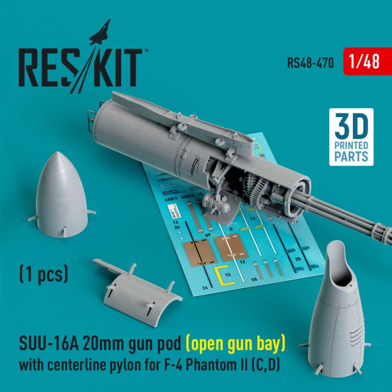 SUU-16A 20mm gun pod (open gun bay) with centerline pylon for F-4 Phantom II (C,D) (1 pcs) (3D Printed)