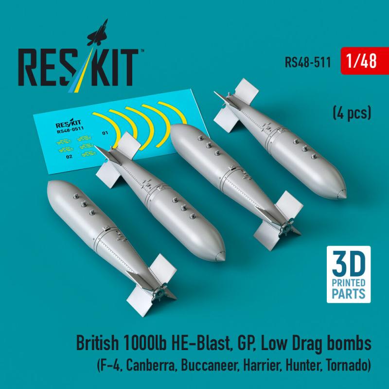 British 1000lb HE-Blast, GP, Low Drag bombs (4 pcs) (F-4, Canberra, Buccaneer, Harrier, Hunter, Tornado) (3D printed)