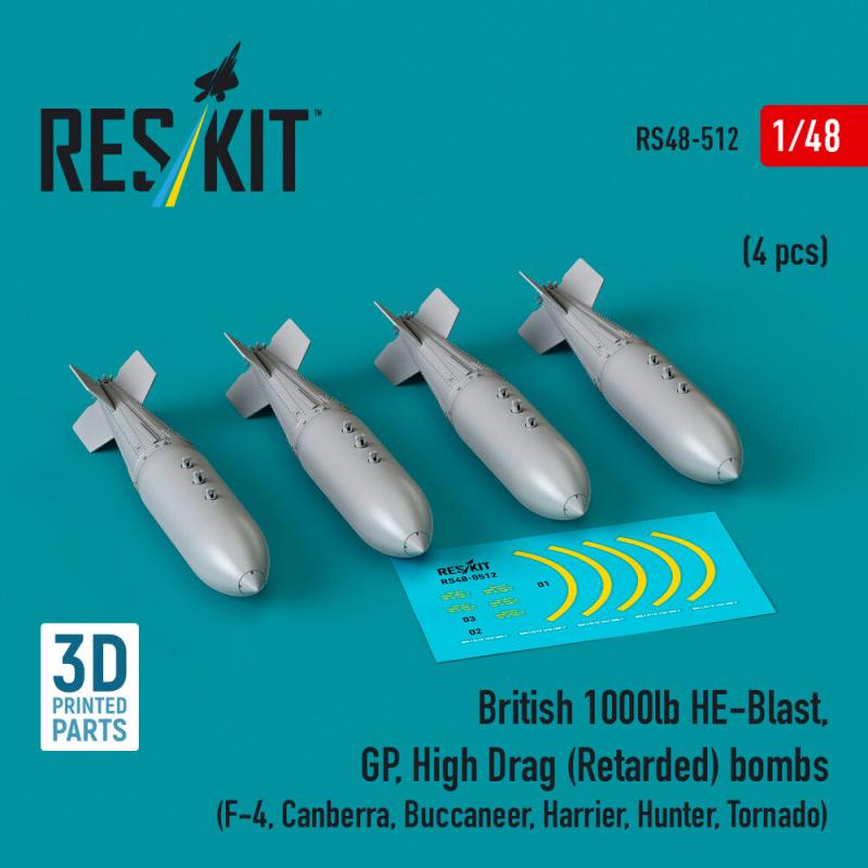 British 1000lb HE-Blast, GP, High Drag (Retarded) bombs (4 pcs) (F-4, Canberra, Buccaneer, Harrier, Hunter, Tornado) (3D printed)