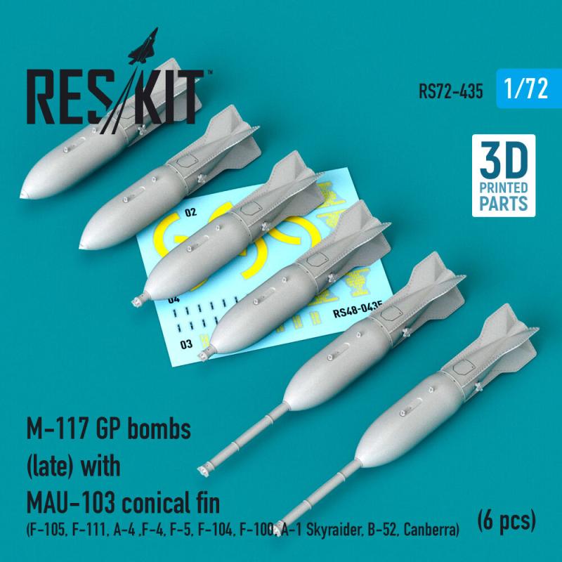 M-117 GP bombs (late) with MAU-103 conical fin (6 pcs) (F-105, F-111, A-4 ,F-4, F-5, F-104, F-100, A-1 Skyraider, B-52, Canberra) (3D Printed)