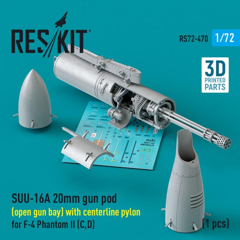 SUU-16A 20mm gun pod (open gun bay) with centerline pylon for F-4 Phantom II (C,D) (1 pcs) (3D Printed)