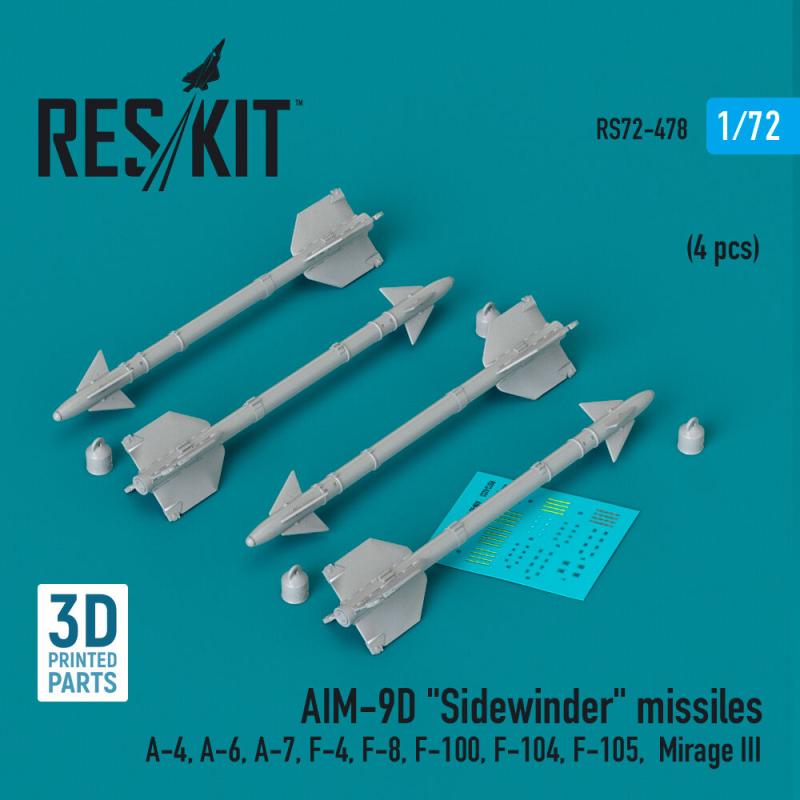 AIM-9D Sidewinder missiles (4 pcs) (A-4, A-6, A-7, F-4, F-8, F-100, F-104, F-105, Mirage III) (3D Printed)