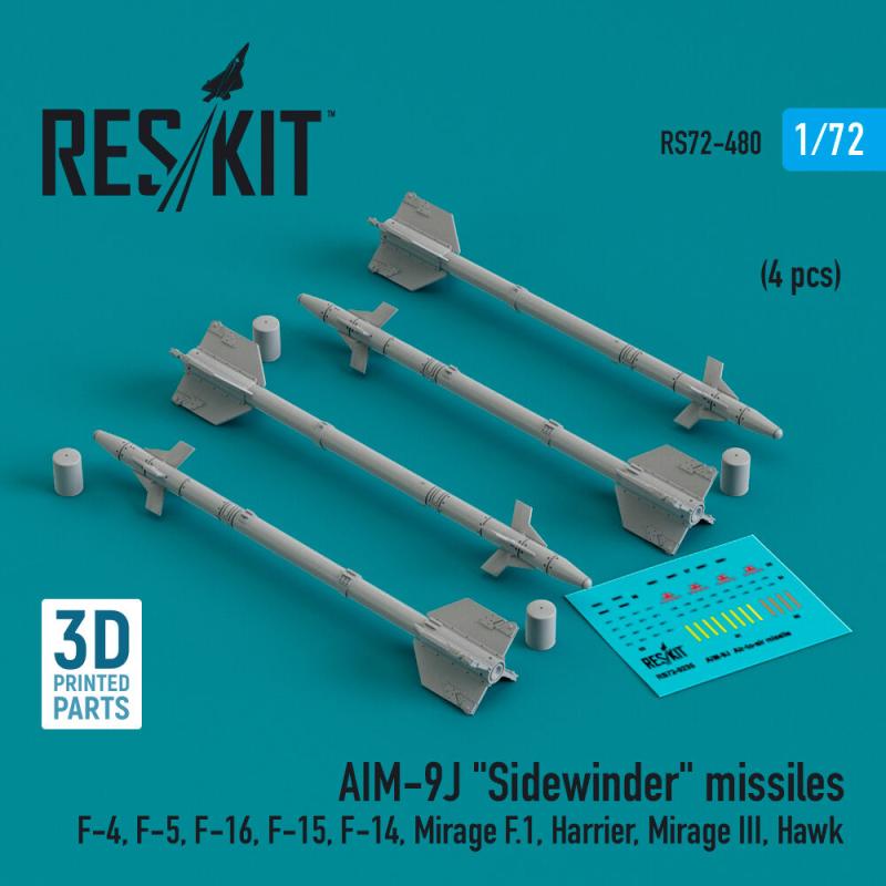 AIM-9J Sidewinder missiles (4 pcs) (F-4, F-5, F-16, F-15, F-14, Mirage F.1, Harrier, Mirage III, Hawk) (3D Printed)