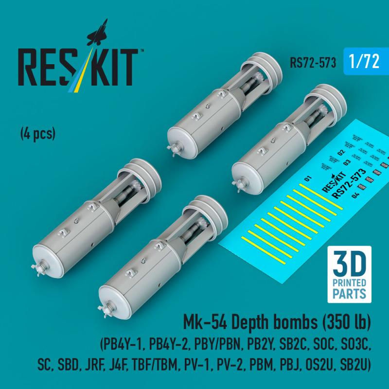 Mk-54 Depth bombs (350 lb) (4 pcs) (PB4Y-1, PB4Y-2, PBY/PBN, PB2Y, SB2C, SOC, SO3C, SC, SBD, JRF, J4F, TBF/TBM, PV-1, PV-2, PBM, PBJ, OS2U, SB2U) (3D Printed)