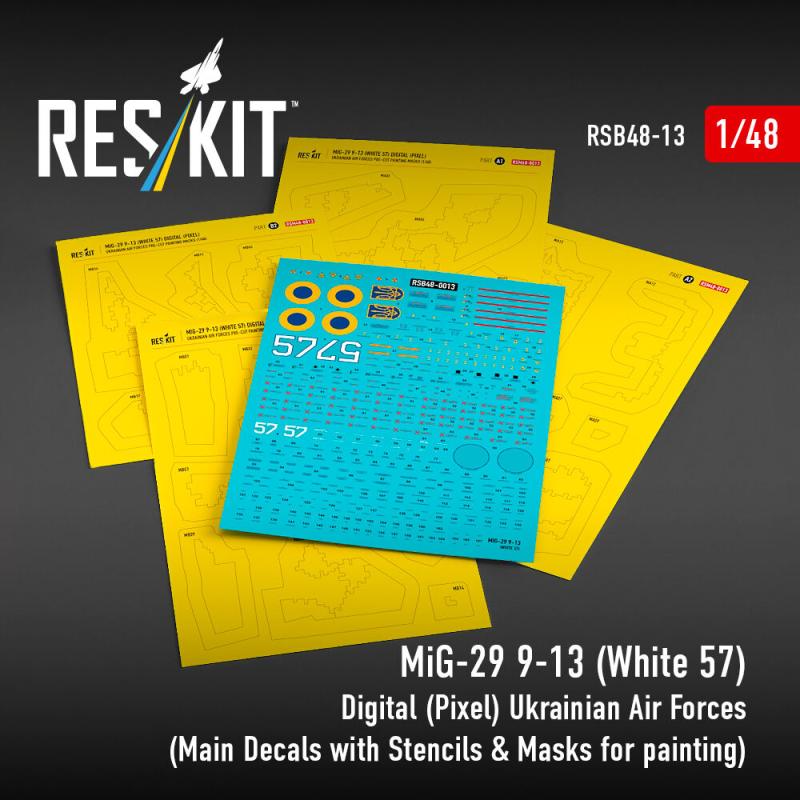 MiG-29 9-13 (White 57) Digital (Pixel) Ukrainian Air Forces (Main Decals with Stencils & Masks for painting 4 pcs)