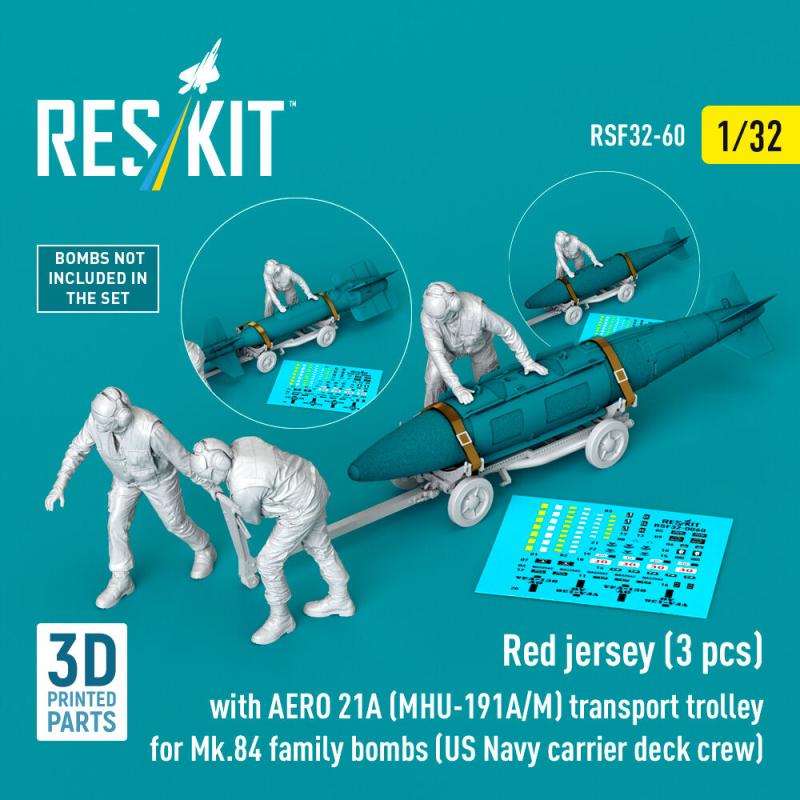 Red jerseys (3 pcs) with AERO 21A (MHU-191A/M) transport trolley for Mk.84 family bombs (US Navy carrier deck crew) (3D Printed)