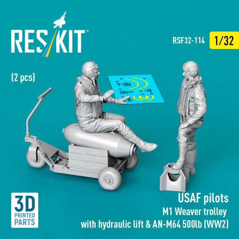 USAF pilots (2 pcs) & M1 Weaver trolley with hydraulic lift & AN-M64 500lb (WW2) (3D Printed)