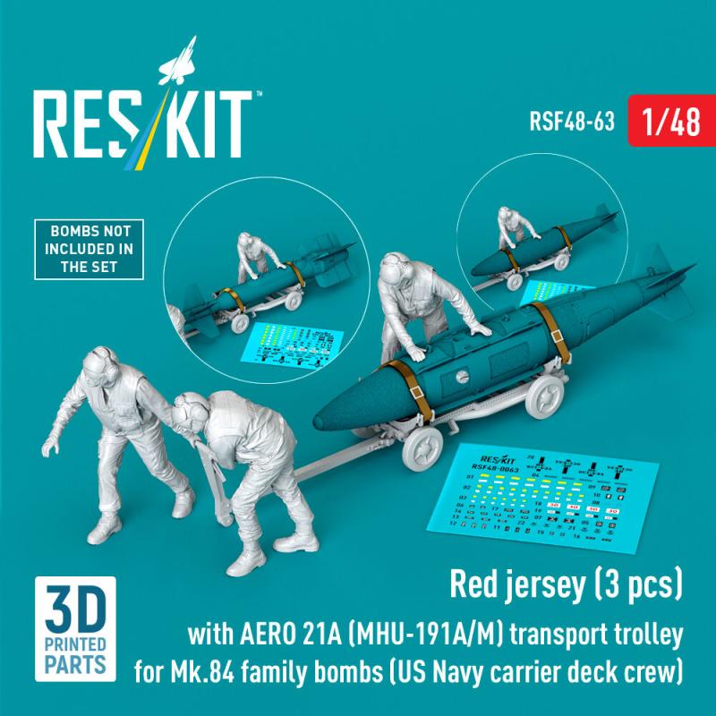 Red jerseys (3 pcs) with AERO 21A (MHU-191A/M) transport trolley for Mk.84 family bombs (US Navy carrier deck crew) (3D Printed)