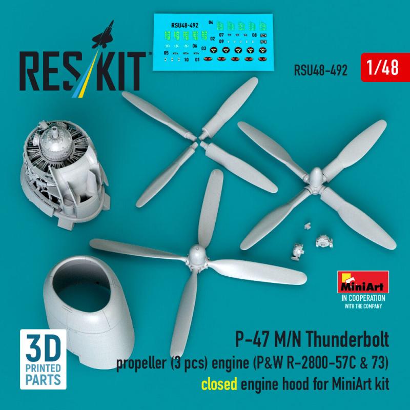 P-47 M/N Thunderbolt propeller (3 pcs), engine (P&W R-2800-57C & 73) closed engine hood [Miniart] (3D Printed)